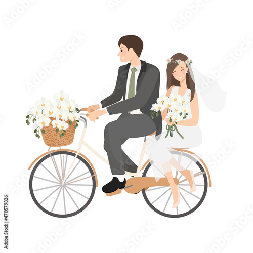 beautiful young just married wedding couple ride bicycle isolated on white background