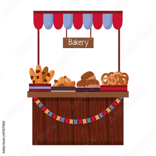 Outdoors market stall counter tent for sale bakery products isolated on white background. Flat vector illustration
