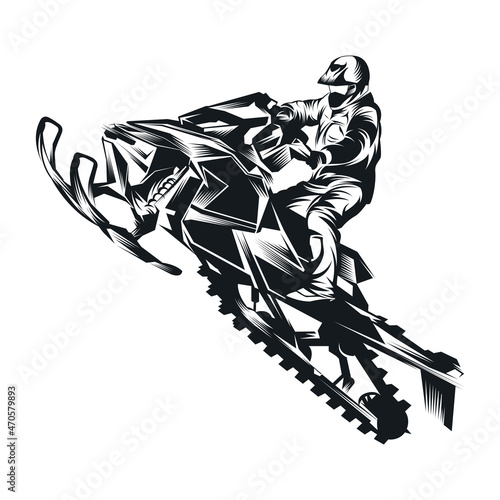 Extreme winter sport Snowmobile jumping Silhouette on white background