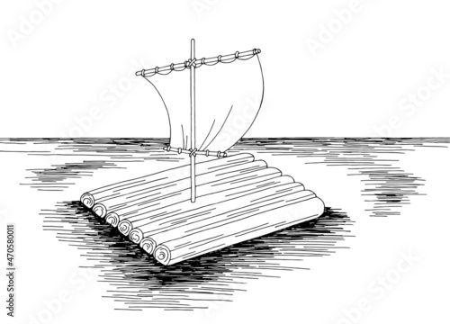 Raft sea graphic black white seascape sketch illustration vector