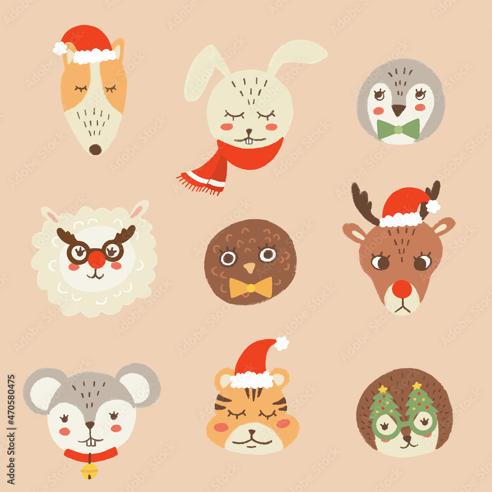 Fototapeta premium Colorful set of animal faces in Christmas masks