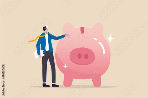Financial checkup analyze growing wealth, debt or expense, diagnose money problem, wealth planning or investment advisor concept, smart businessman with doctor stethoscope to check piggy bank saving.