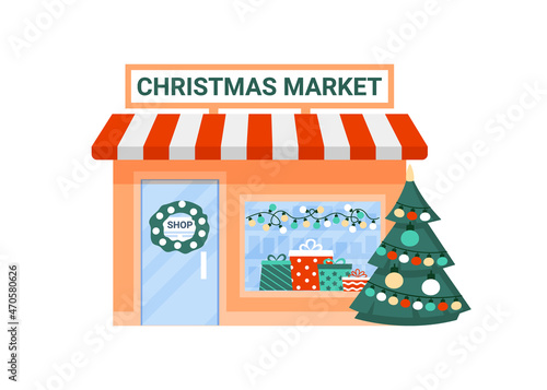 Christmas shop, fair, market, exterior shop in small house. Showcase, kiosks with commerce retail on xmas and new year. Purchase holiday gift. Vector flat illustration