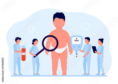 Child health check, blood test glucometer on disease diabetes. Problem obesity in child age. Doctor test sugar glucose check level in blood, diabetes concept. Vector illustration