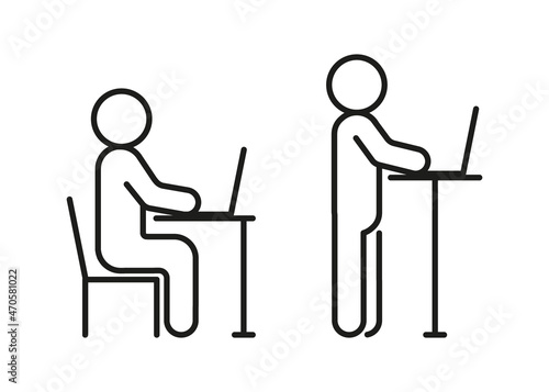 Types of work at computer while sitting and standing, ergonomic workplace. Correct body position. Protect health, posture, eyesight. Vector illustration