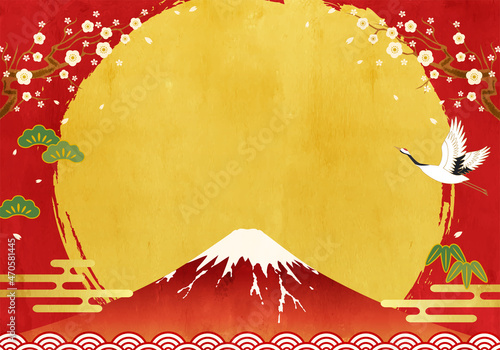 富士山と鶴と松竹梅と初日の出のベクターイラスト背景