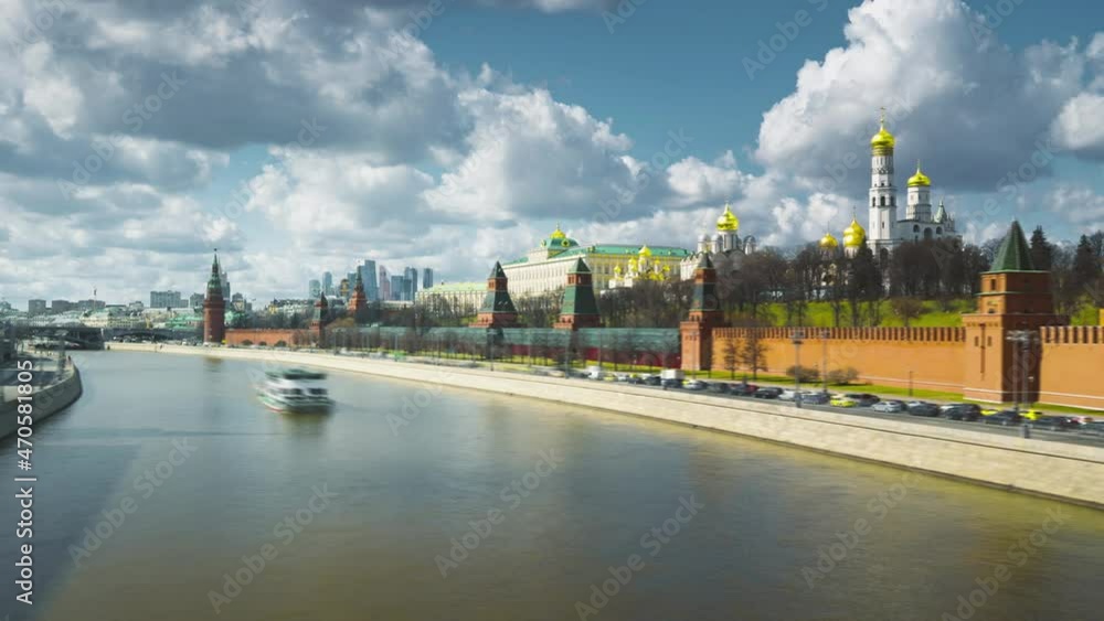 hyper lapse of the Moscow river and the Kremlin palace, Russia hyper lapse of the Moscow river and the Kremlin palace, Russia