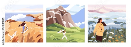 People alone in nature set. Peaceful landscapes with happy men and women walk and travel in solitude. Characters enjoying outdoor sceneries in spring and autumn. Colored flat vector illustrations