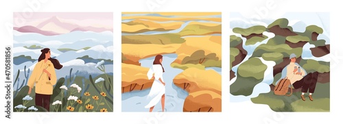 People in nature set. Happy relaxed men and women walking and hiking alone in calm morning spring and autumn landscapes. Young characters travel in solitude. Colored flat vector illustrations