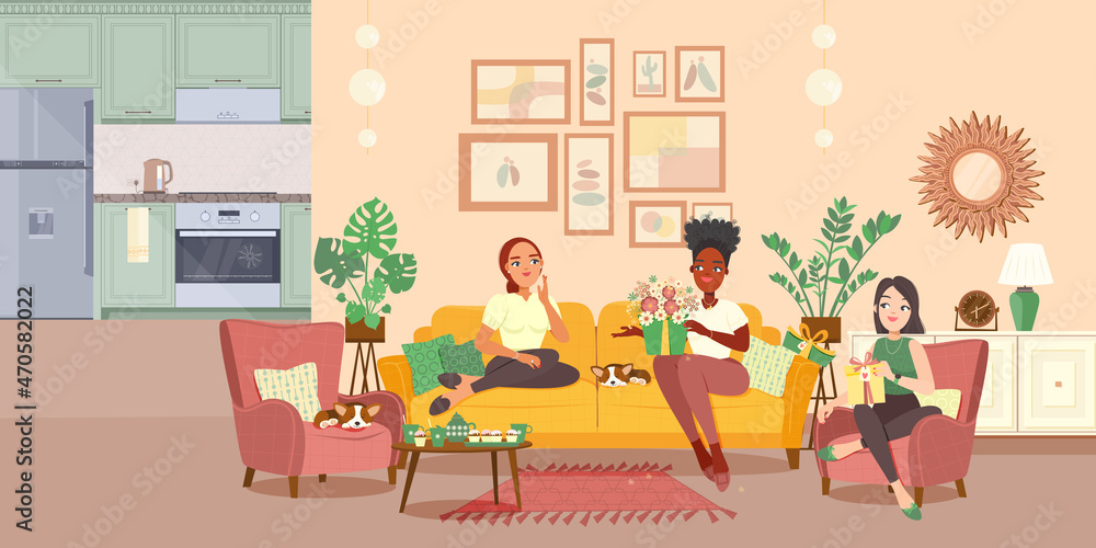 Happy women having fun at the birthday party. Concept illustration woman with flowers. Home interior scene. Vector flat plane style.