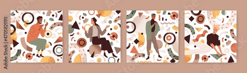 Happy creative and business people with abstract geometric shapes around. Modern creators set. Man and women designers create smth from chaos and geometry figures. Colored flat vector illustrations