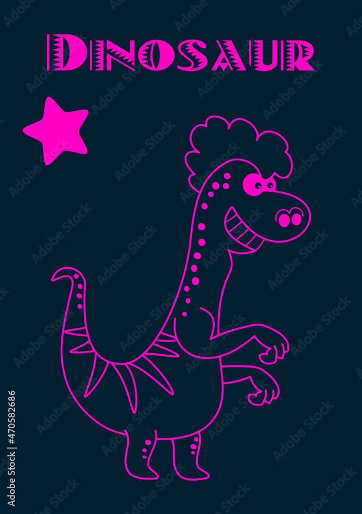 Pink lizard dinosaur with smile on dark poster background with star 