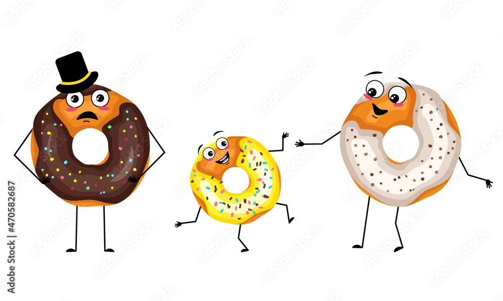 Obraz premium Family of glazed donut characters with joyful emotions, smile face, happy eyes, arms and legs. Mom is happy, dad is wearing hat and child is dancing. Vector flat illustration