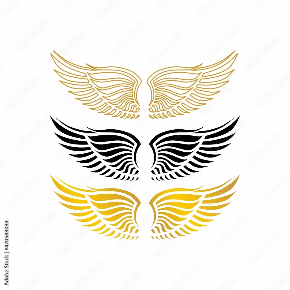 Set of outline, black and gold wings icons. Wings badges. Collection wings badges. Vector illustration. Set of outline, black and gold wings icons. Wings badges. Collection wings badges. Vector illustration.