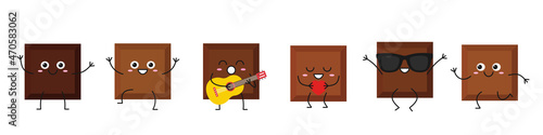 Set piece chocolate greeting jumping loves sings running cute character cartoon sweet food delicious dessert smiling face happy joy emotions vector illustration.