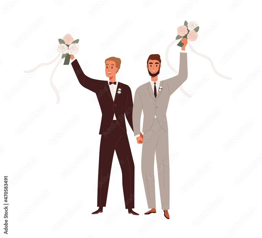 Gay wedding. Marriage of homosexual men couple. Happy newlywed husbands in  suits, holding bouquets. LGBT grooms portrait. Same sex partners. Flat  vector illustration isolated on white background Stock Vector | Adobe Stock