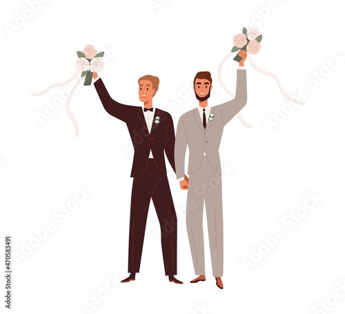 Gay wedding. Marriage of homosexual men couple. Happy newlywed husbands in suits, holding bouquets. LGBT grooms portrait. Same sex partners. Flat vector illustration isolated on white background