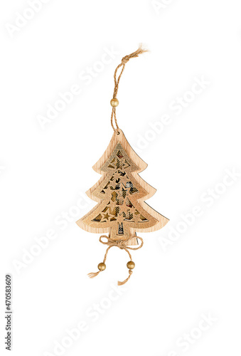 isolated  wooden Christmas tree toy in the form of a Christmas tree on a white background