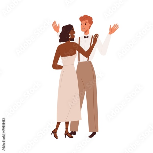 Newlyweds, love couple of man and woman. Marriage of happy bride and groom. Interracial wedding. Biracial husband and wife. Romantic partners. Flat vector illustration isolated on white background