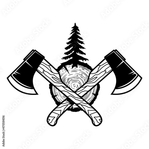 Crossed lumberjack axes with wood cut. Design element for logo, emblem, sign, poster, t shirt. Vector illustration