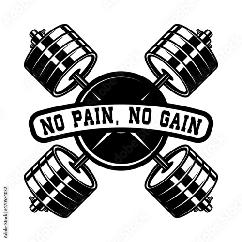 Illustration of crossed gym barbells in vintage monochrome style. Design element for logo, label, sign, emblem, poster. Vector illustration