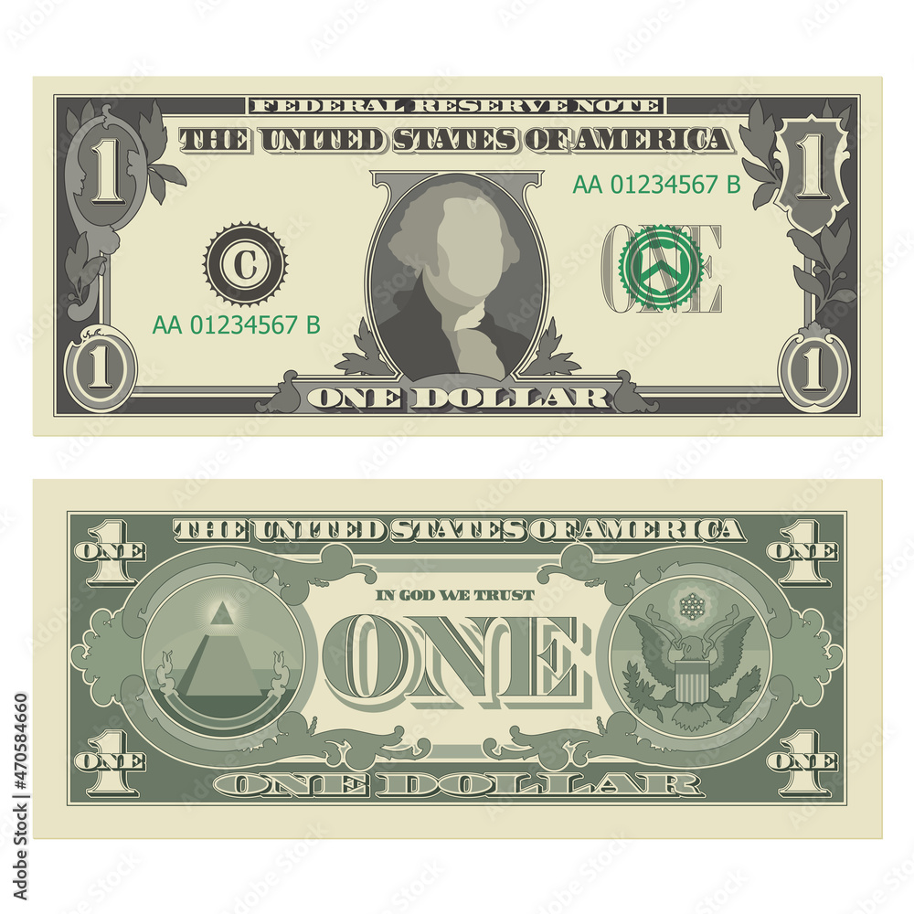 One dollar bill, 1 US dollar banknote, from obverse and reverse