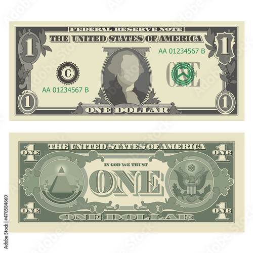 One dollar bill, 1 US dollar banknote, from obverse and reverse. Simplified vector illustration of USD isolated on a white background