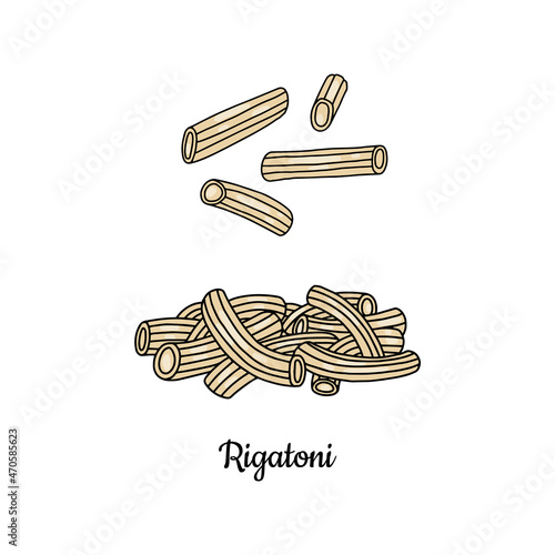 Ridged italian wheat pasta rigatoni, vector illustration in sketch style isolated on white background.