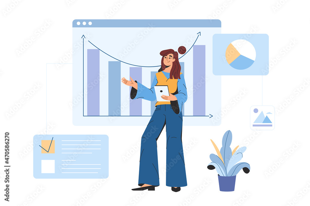Digital data analysis and graphic design statistical for business finance investment. Flat woman office worker analyzing statistical information, charts and graphs at dashboard.