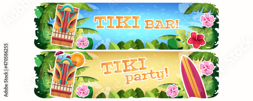 Horizontal banner with traditional hawaiian wooden tribal mask and tropical exotic plants and flowers. Summer dance party invitation, hawaii poster on white background. Cartoon vector illustration.