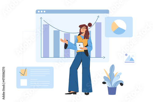 Digital data analysis and graphic design statistical for business finance investment. Flat woman office worker analyzing statistical information, charts and graphs at dashboard.