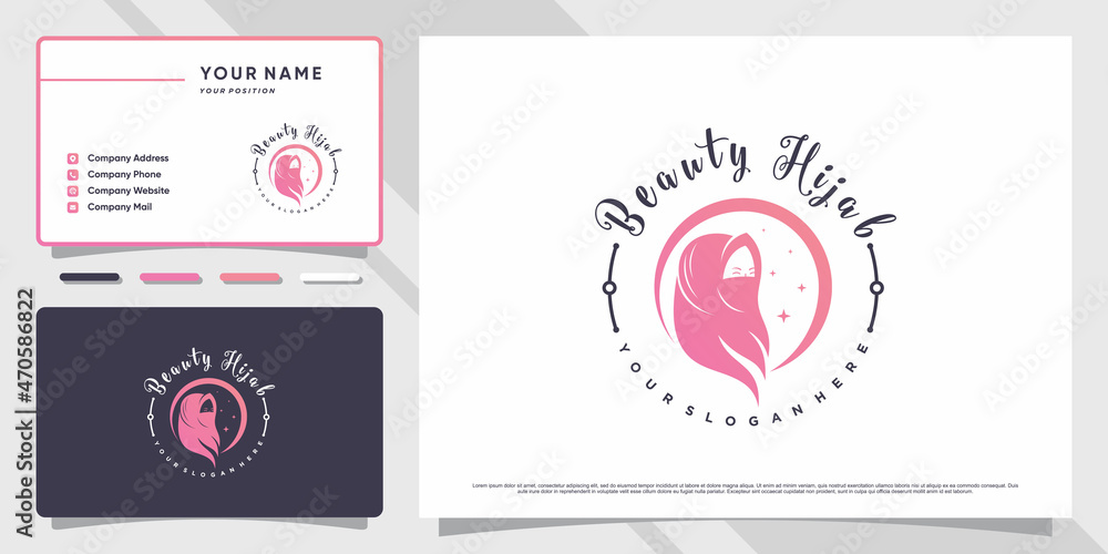 Beauty hijab woman logo design with unique concept and business card design Premium Vector