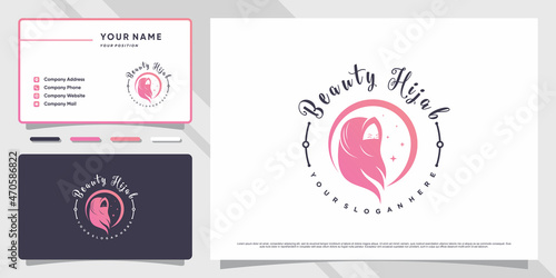 Beauty hijab woman logo design with unique concept and business card design Premium Vector