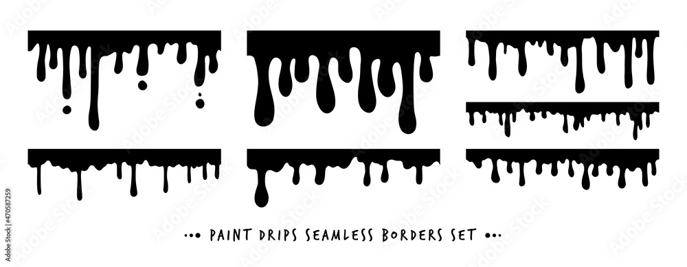 Seamless Paint Dripping Borders Collection. Black Vector water, oil, paint, blood, ink or melt chocolate drips silhouettes set. Liquid stains, abstract splatter design elements on white background