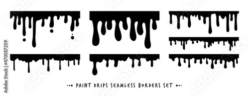Seamless Paint Dripping Borders Collection. Black Vector water  oil  paint  blood  ink or melt chocolate drips silhouettes set. Liquid stains  abstract splatter design elements on white background