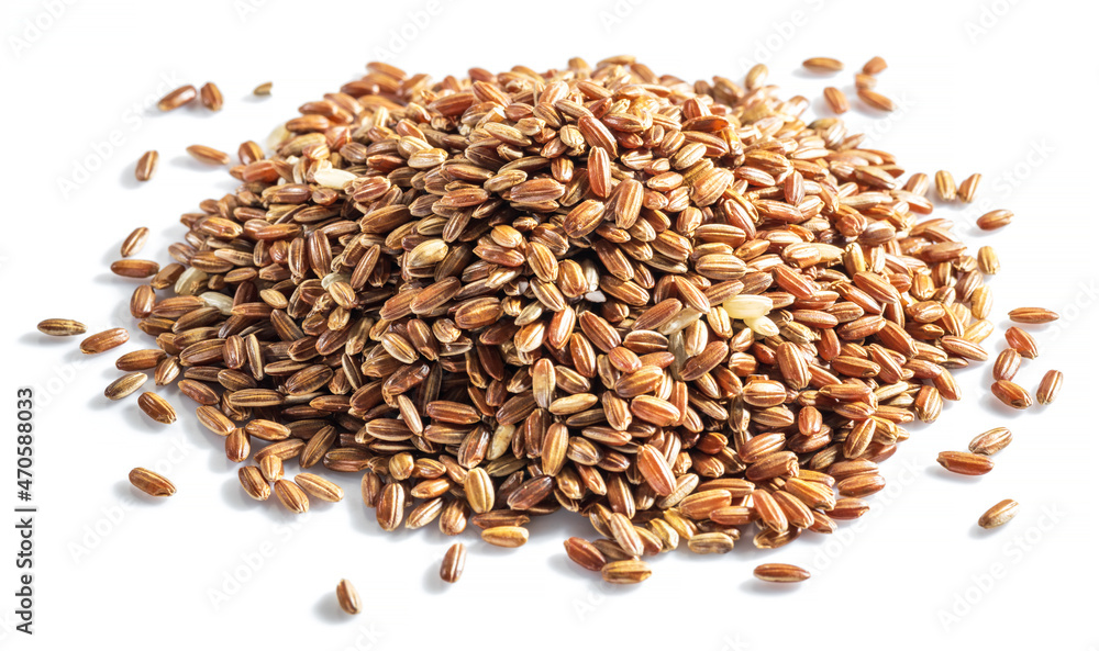 Brown rice heap - whole grain rice with outer husk on white background. Close-up. Brown rice heap - whole grain rice with outer husk on white background. Close-up.