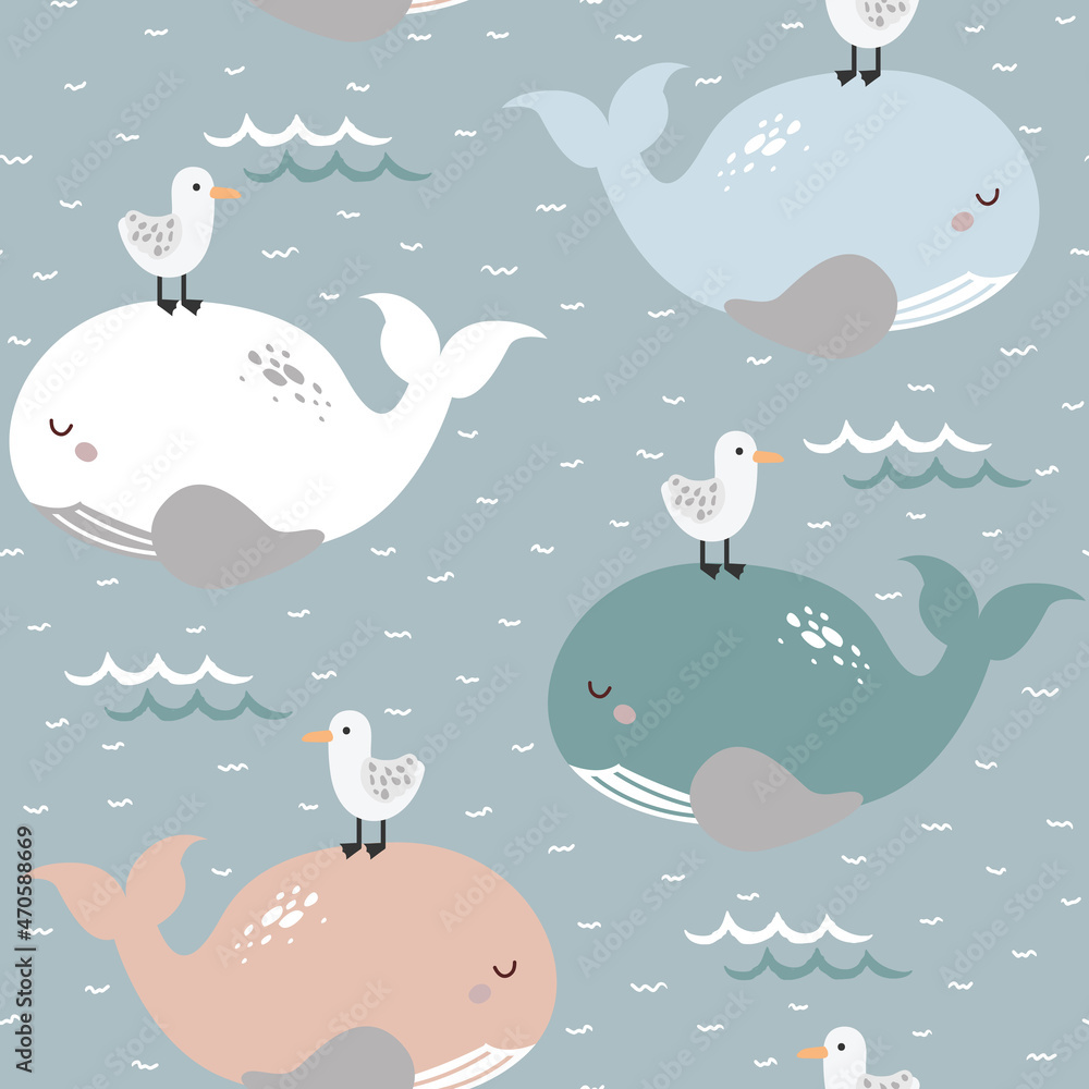 Simple whale and gull seamless childish pattern in blue, white, pink and green colour. Hand drawn repeat pattern for wrapping, fabrik, textile or paper projects. Vector illustration.