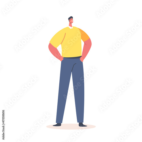 Single Male Character Wear Yellow Polo T-shirt and Blue Trousers Isolated on White Background. Positive Fashioned Man