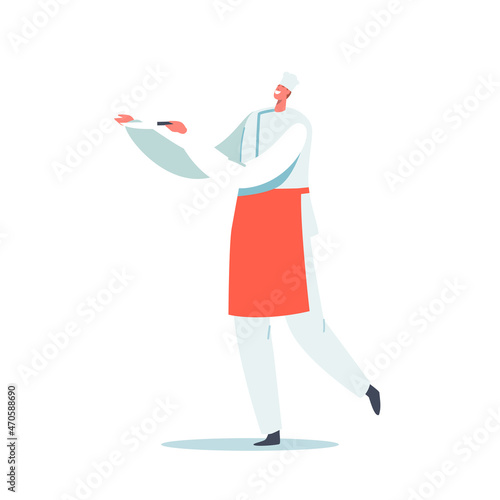 Hospitality, Restaurant Staff in Uniform. Smiling Male Character in Red Apron Holding Beef Knife. Man in Chef Toque