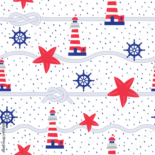 Maritime seamless repeat pattern with starfish, rope and lighthouse in red and blue.Perfect for wrapping, textile and design projects, Vector illustration.