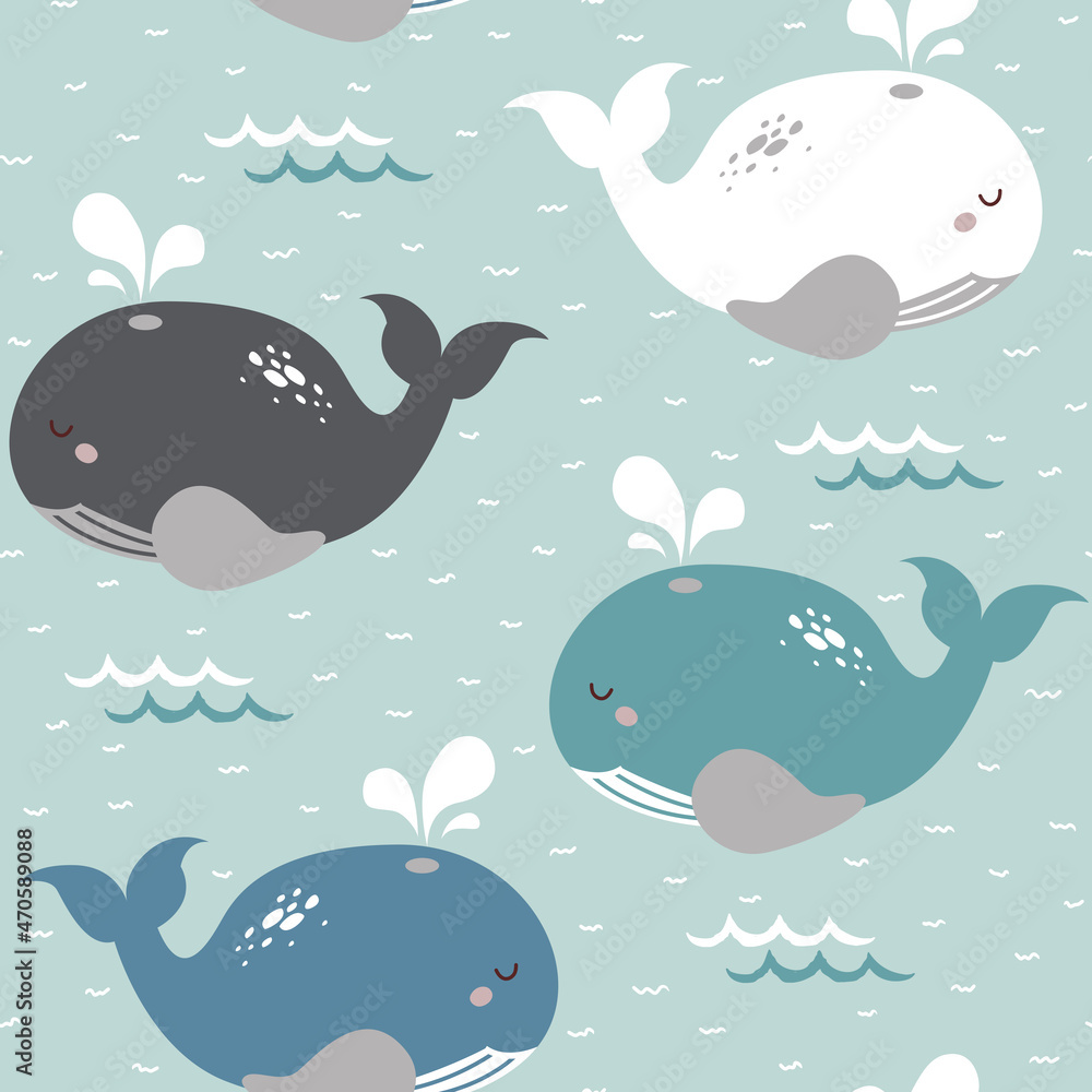 Simple whale seamless childish pattern in blue, white, grey and green colour. Hand drawn repeat pattern for wrapping, fabrik, textile or paper projects. Vector illustration. Simple whale seamless childish pattern in blue, white, grey and green colour. Hand drawn repeat pattern for wrapping, fabrik, textile or paper projects. Vector illustration.