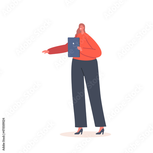 Good Looking Adult Woman Office Worker or Business Female Character Wearing Formal Suit Holding Tablet Pc in Hands