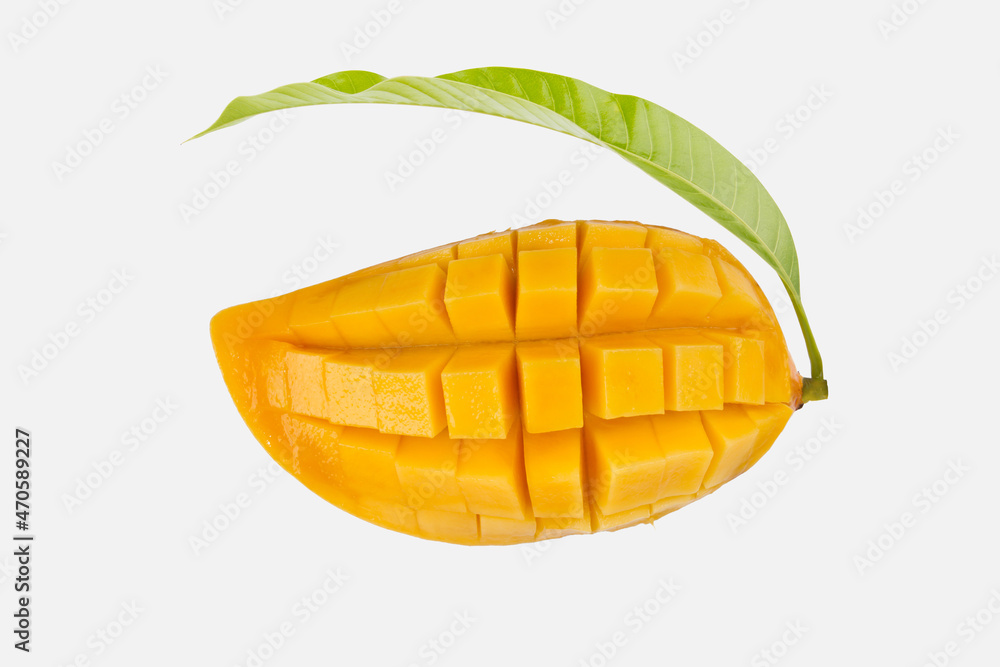 Sliced Mango fruit with green leaf isolated white background