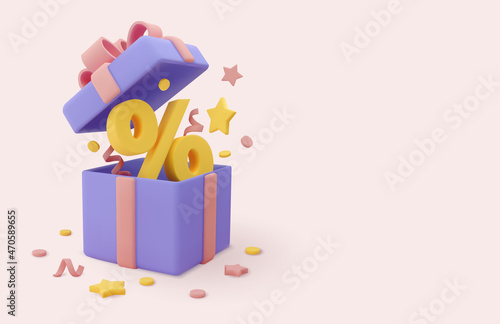 3d realistic sale banner template. Opened gift box with discount, stars and tinsel. Vector 3d render illustration.