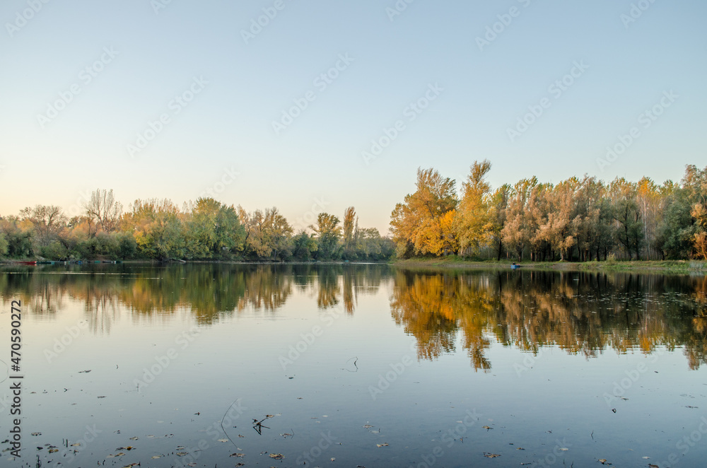 Begec, Serbia - October 30. 2021: Autumn panorama on the artificial lake Begecka jama, near the city of Novi Sad.