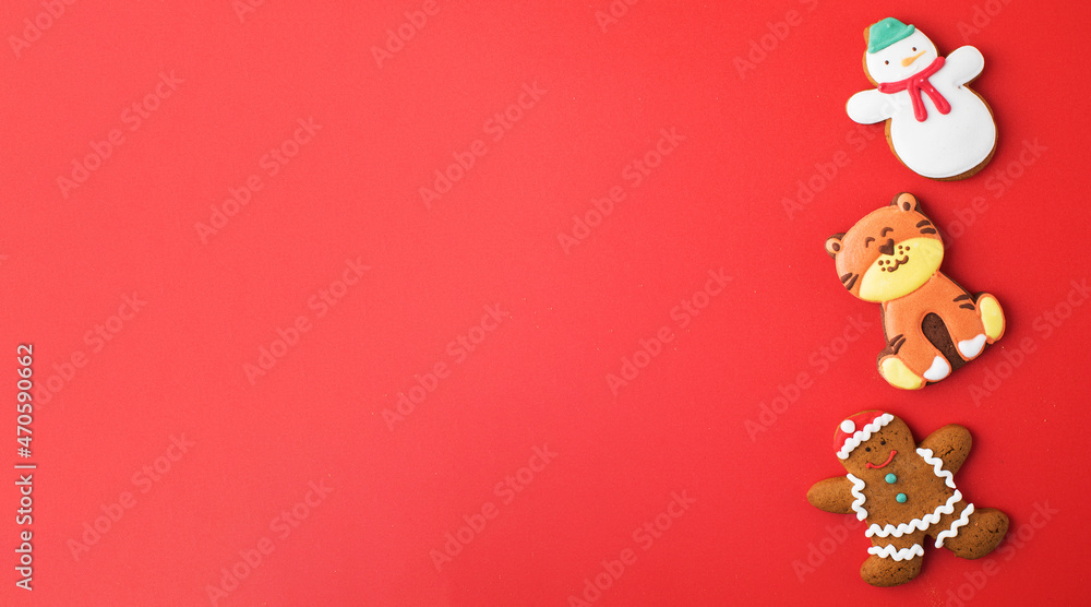 Set of traditional Christmas gingerbread on bright red background party banner. Copy space. Set of traditional Christmas gingerbread on bright red background party banner. Copy space.