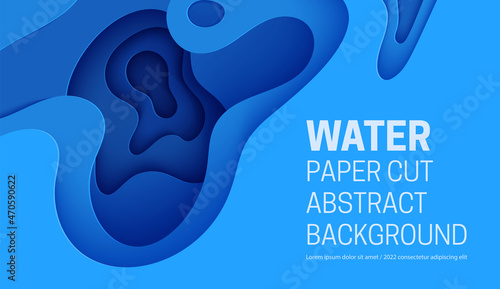Abstract background with water waves in paper cut style. 3d wallpaper with cut out deep wavy modern cover. Blue color layers with smooth shadow papercut art. Vector illustration, origami shapes