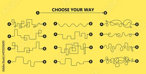 Set of difficult and easy simple way process from start to end. Vector card illustration with path to success outline art concept. The road from point a to point b. Right and wrong way with messy line