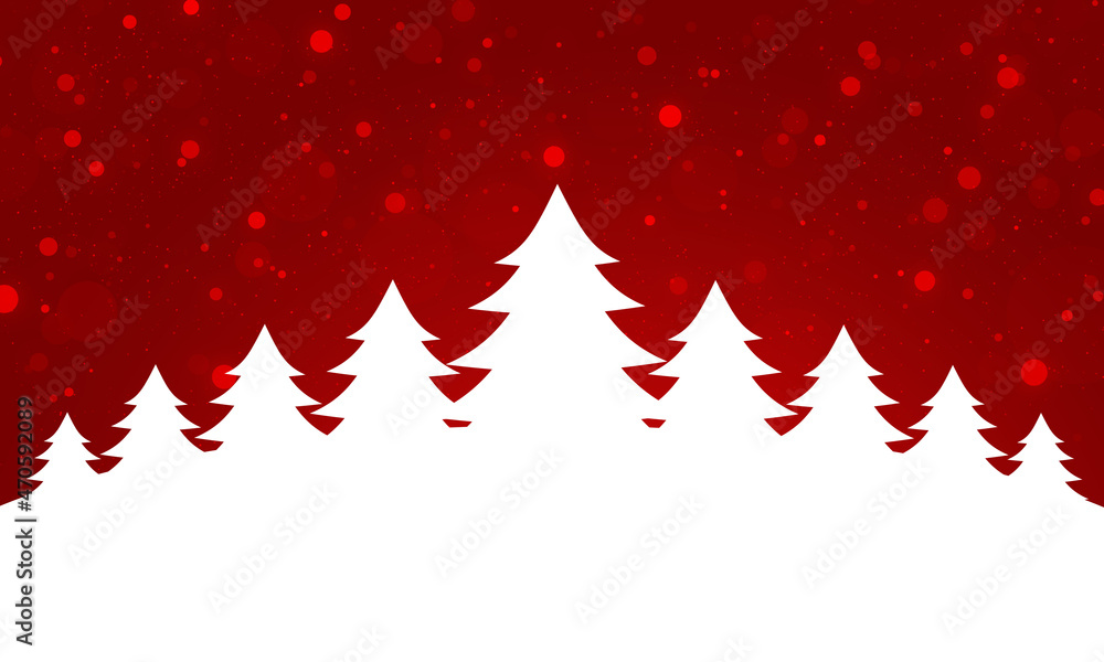 Christmas card. White Christmas trees on a snowdrift, red background with blurry lights, stars and bright shine Concept of Christmas. Christmas card. White Christmas trees on a snowdrift, red background with blurry lights, stars and bright shine Concept of Christmas.