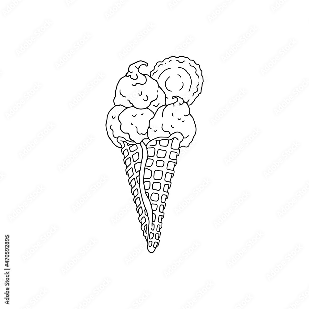 Ice cream in waffle cone hand drawn sketch style vector illustration isolated. Ice cream in waffle cone hand drawn sketch style vector illustration isolated.